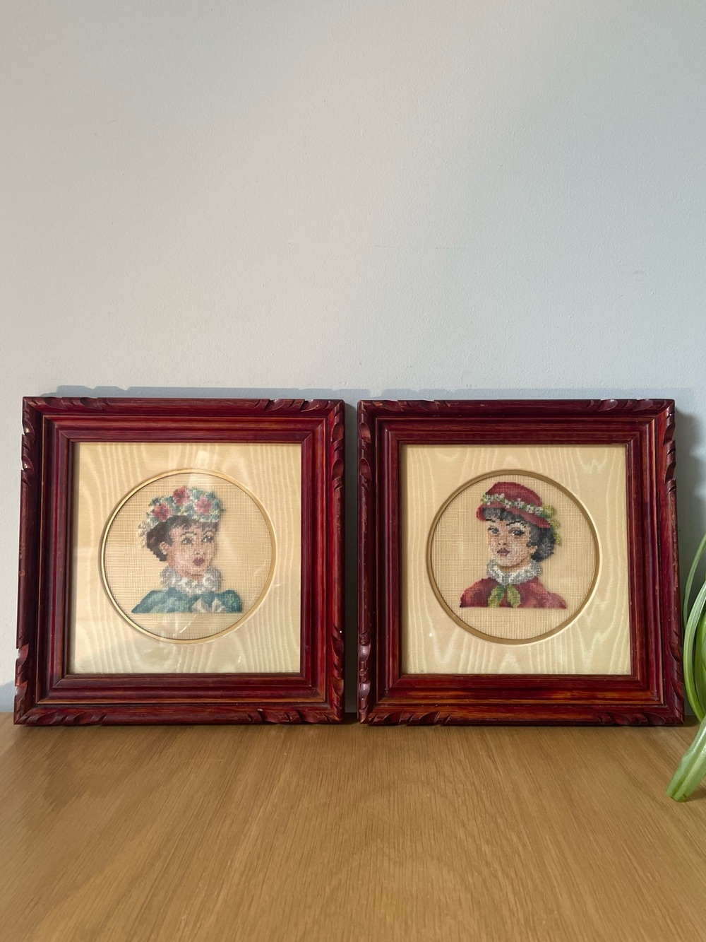 Vintage Midcentury Petit Point Floral Hat Ladies Ornate Wood Frames Set of 2